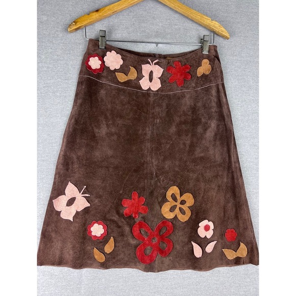 Arden B. Dresses & Skirts - Arden B Brown Suede Leather Mini Skirt Floral Butterfly Applique Boho Womens 4